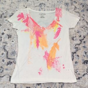 Aéropostale Feather Graphic V-Neck T-Shirt Women’s M White Pink Orange Tee